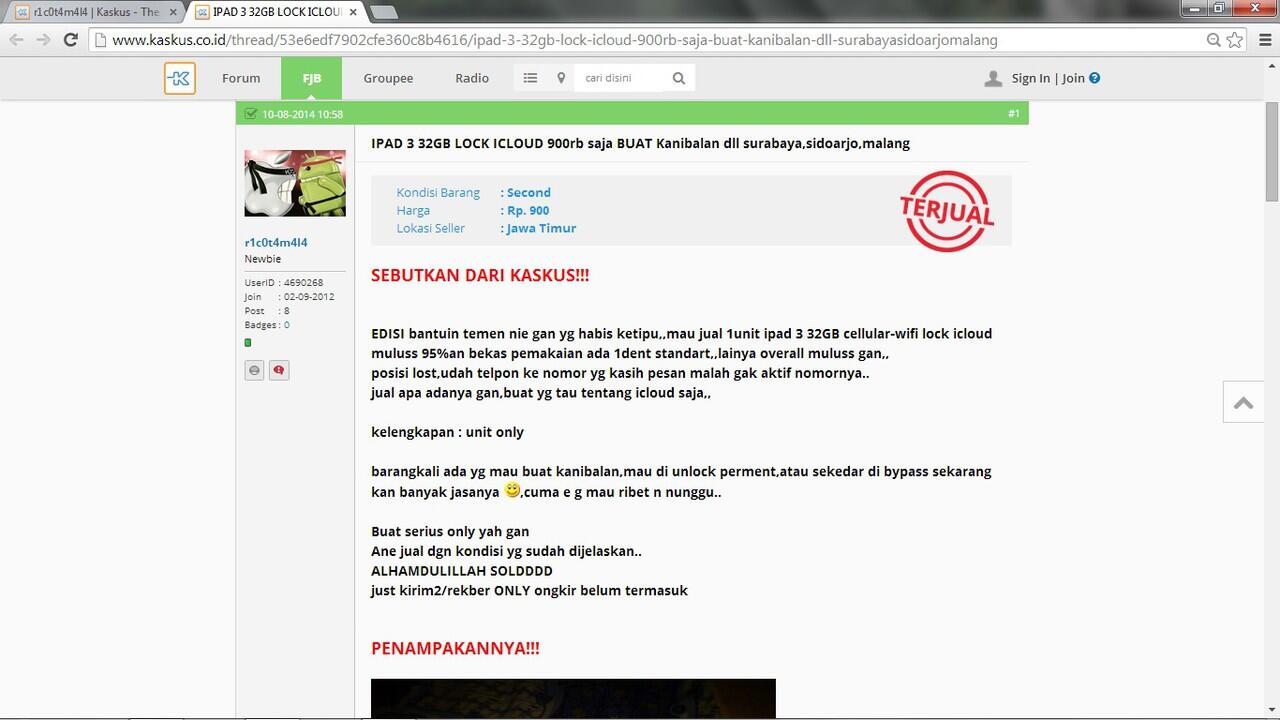 Penadah barang curian asal Suroboyo berjualan di FJB