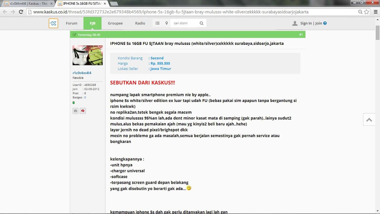 Penadah barang curian asal Suroboyo berjualan di FJB