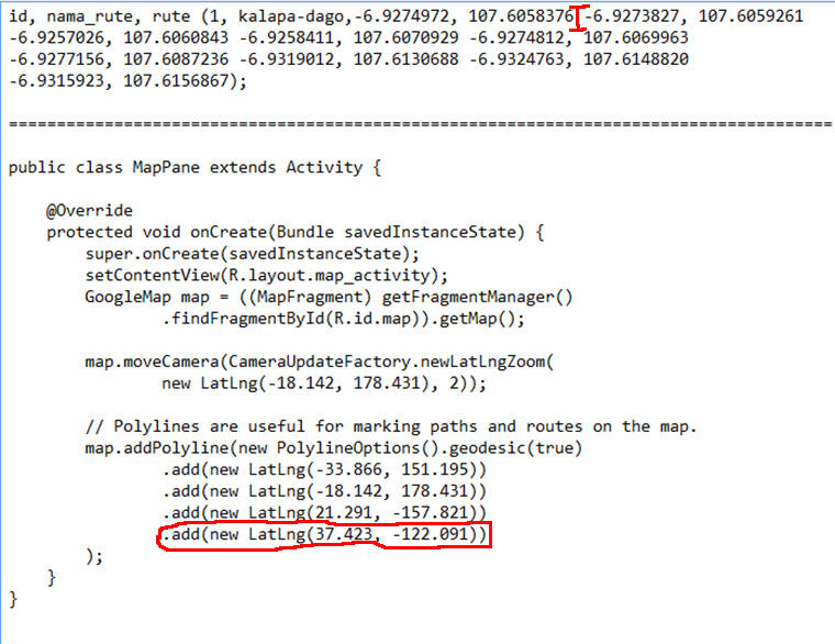 &#91;Ask&#93; manggil lat&amp;long dr database buat draw polyline Android maps v2 