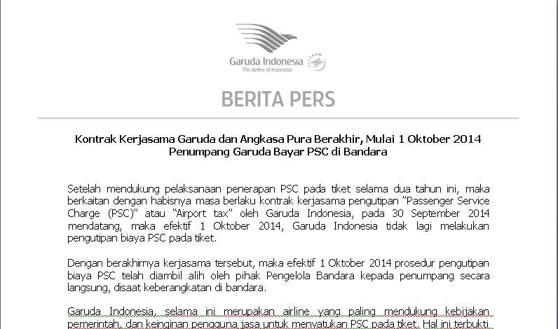 Mulai 1 Oktober 2014 Bayar PSC Tiket Garuda Di Bandara