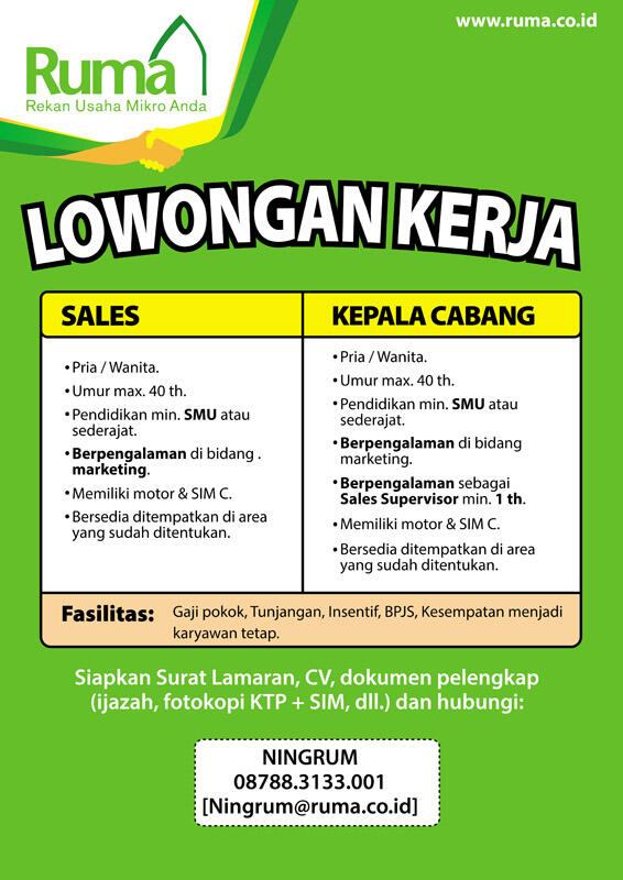 LOWONGAN SALES EXECUTIVE PT. RUMA (YOGYAKARTA, KLATEN, SEMARANG, PATI, REMBANG)