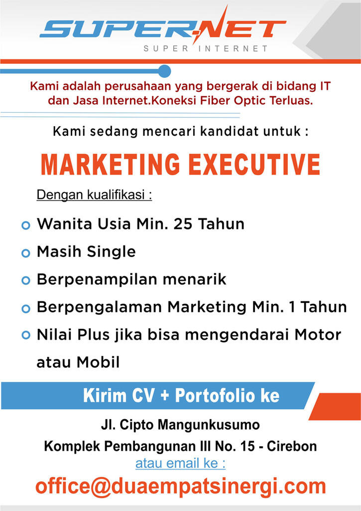Lowongan kerja Marketing executive Supernet Cirebon