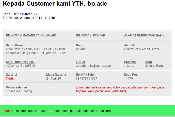 Tablet Ainol dari Jakarta Notebook dengan after sales mengecewakan