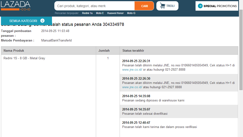 Order di Lazada, barang tidak datang/tak bisa dilacak di JNE