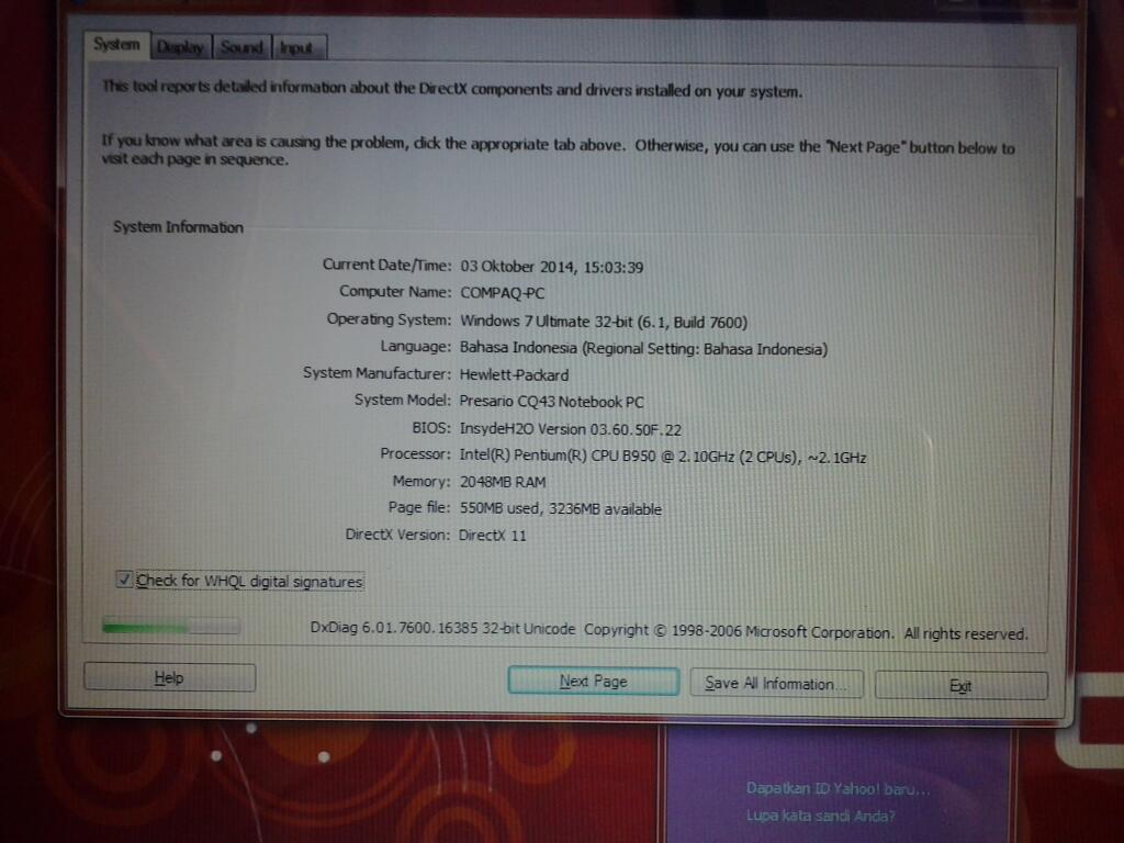 Compaq CQ43 fungsi mantap, HDD 500Gb, batre 3 jam... !! windows 7 ultimate