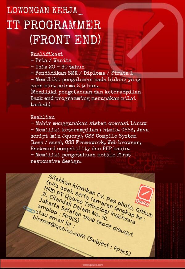 IT PROGRAMMER (front end) - PT Qasico Teknologi Indonesia