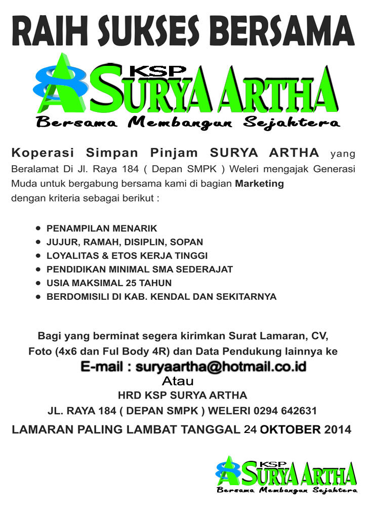 lowongan kerja marketing weleri kendal semarang di ksp surya artha