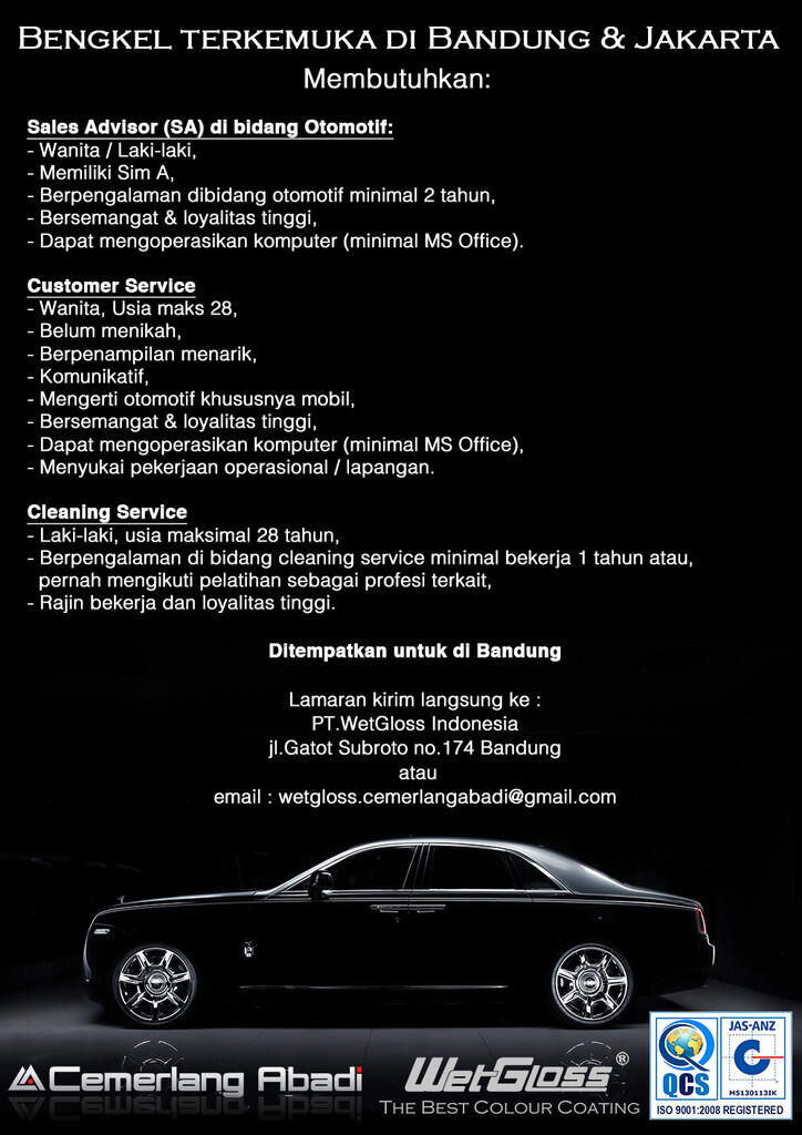 Bengkel otomotif terkemuka membutuhkan SA, Customer Service &amp; Cleaning Service