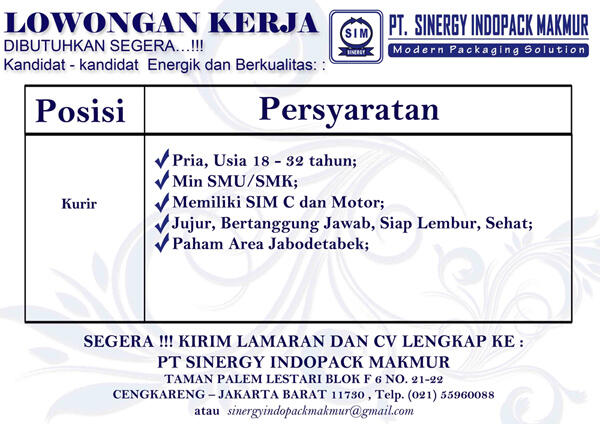 &#91;LOWONGAN KURIR&#93; PT. Sinergy Indopack Makmur