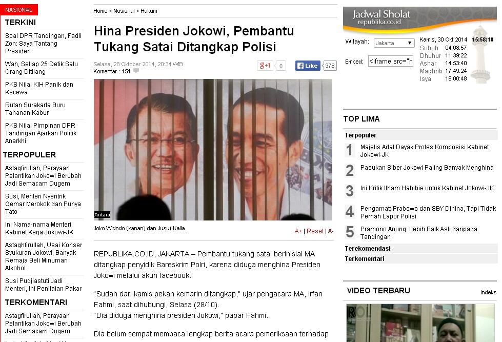 Hina Presiden Jokowi, Pembantu Tukang Satai Ditangkap Polisi