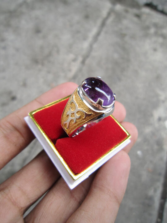 CINCIN EMBAN PERAK LAPIS EMAS BATU KECUBUNG KALIMANTAN AMETHYST