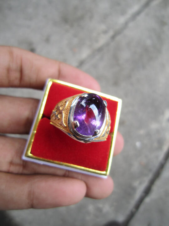 CINCIN EMBAN PERAK LAPIS EMAS BATU KECUBUNG KALIMANTAN AMETHYST
