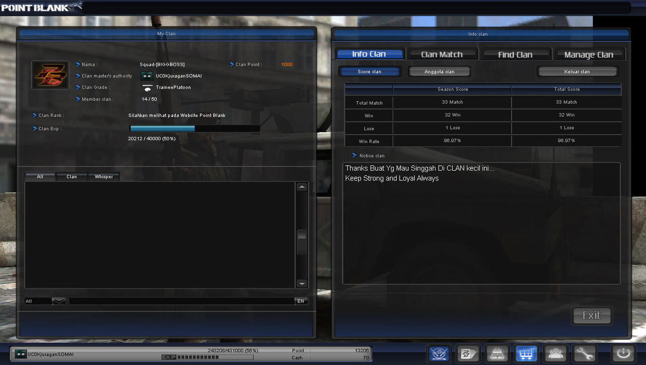 Jual Char PB Lt.col Murah + Clan Traine