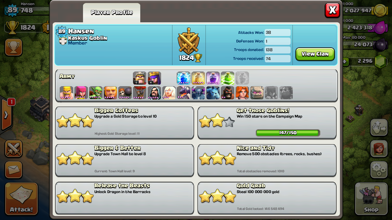 DIJUAL NEGO ID COC TH 9 LVL 89 GEMS 2200+