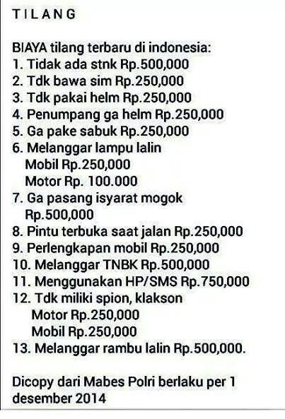 tarif tilang lalu lintas yg baru, bener gak ni gan ???????