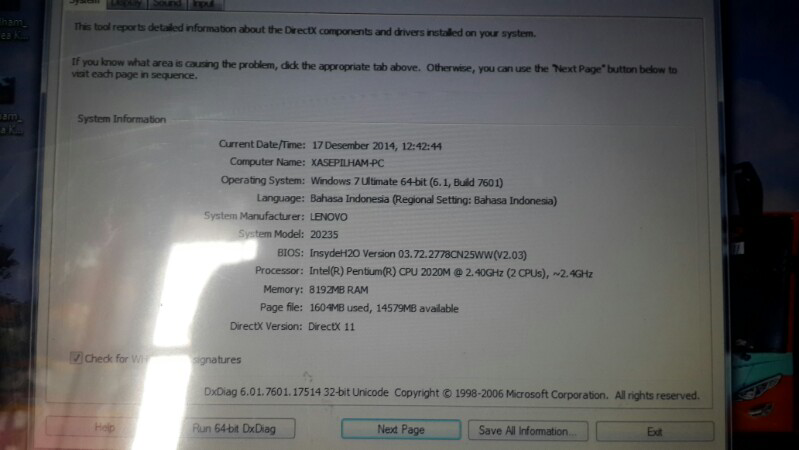 laptop gaming LENOVO G400 500gb ram 8gb dual vga, ati radeon hd 8570m 2gb bandung