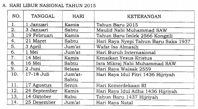 Hari Libur Nasional dan Cuti Bersama Tahun 2015