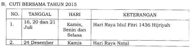 Hari Libur Nasional dan Cuti Bersama Tahun 2015