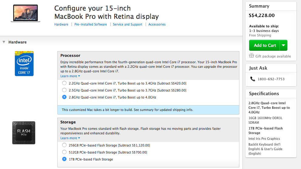 Macbook Pro Retina 15" 2014 custom spek tertinggi di dunia Core i7 2.8GHz SSD 1Tb
