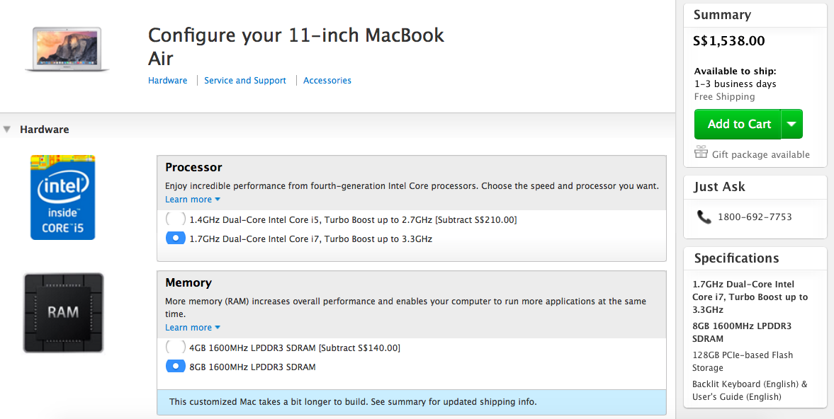 Macbook Air 11" Haswell Custom Core i7 RAM 8Gb Garansi Panjang