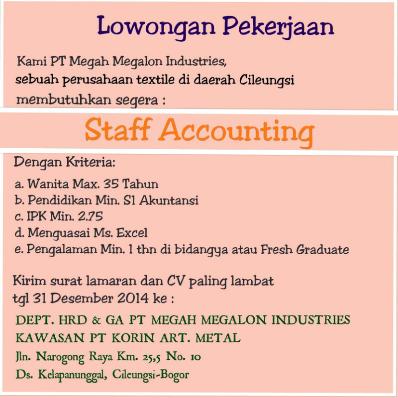Lowongan Kerja accounting Cileungsi Bogor