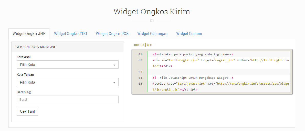 Widget Ongkos Kirim dan Widget Tracking JNE TIKI dan POS