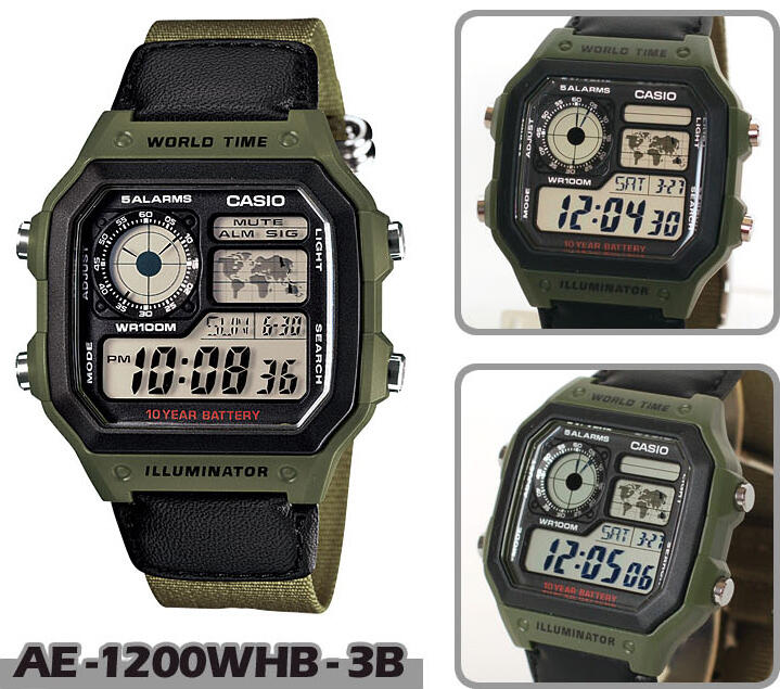 Casio Ae-1200WHB Ori Jam Tangan Dengan Tali Kanvas Army Murah