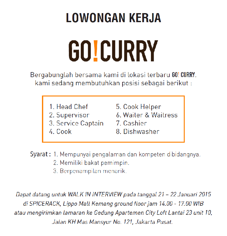 Walk in Interview Opening Team Go! Curry