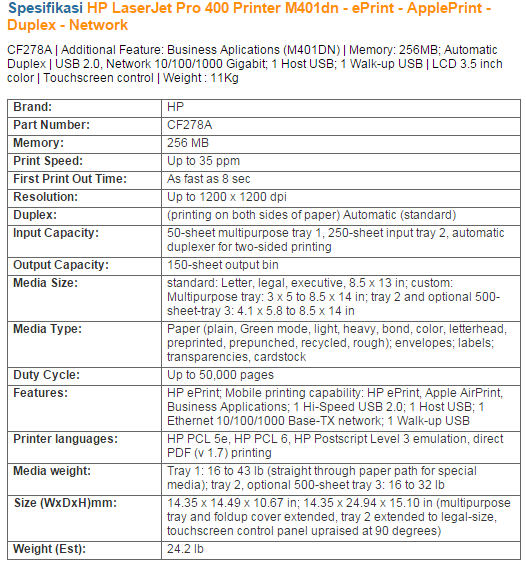HP laser jet pro 400 m401n harga
