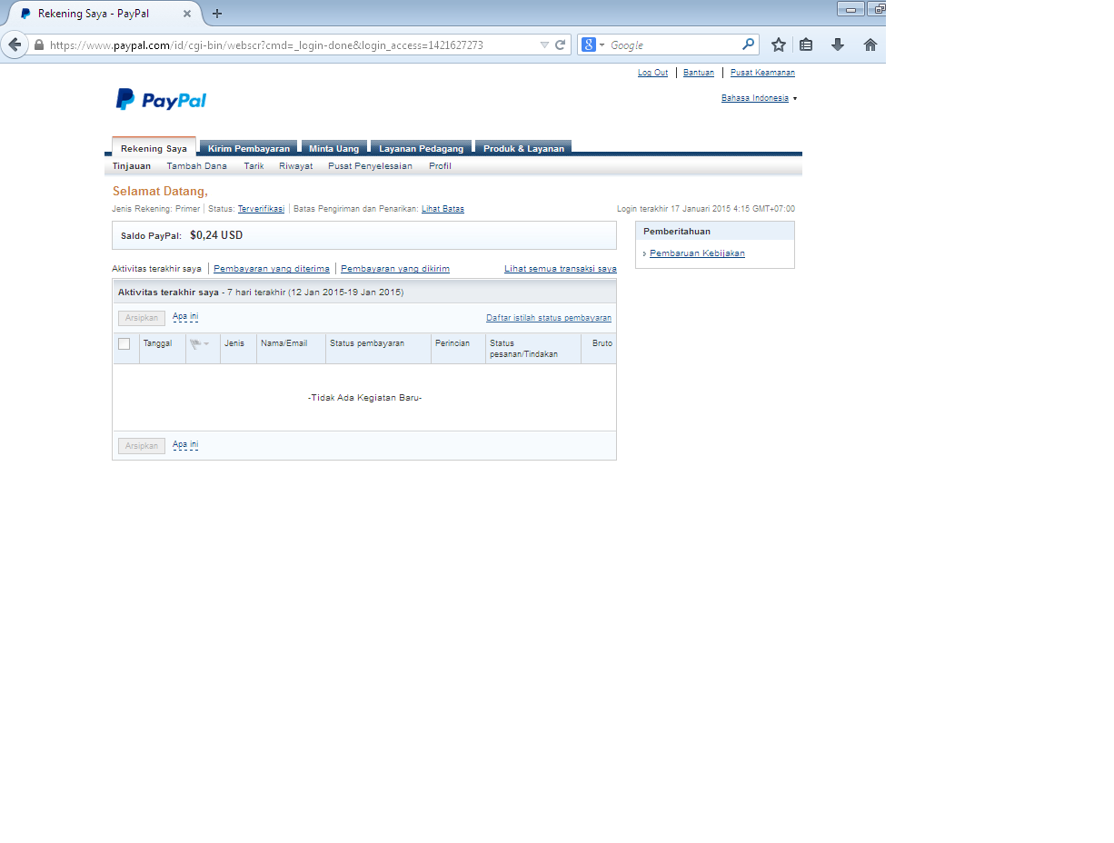 Akun Paypal Verifikasi Juni 2014, History lumayan