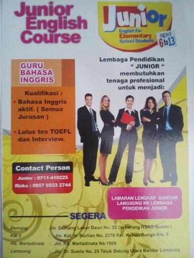 JUNIOR ENGLISH COURSE membuka Lowongan pekerjaan untuk menjadi Guru & Staff Adminisi.
