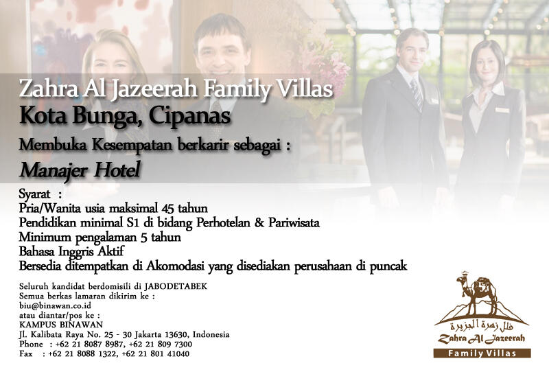Hotel Manager in Zahra Al Jazeerah Villas, Kota Bunga, Cianjur