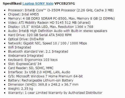 Laptop VAIO 15" VPCEB25FG + Mulus di Cikarang