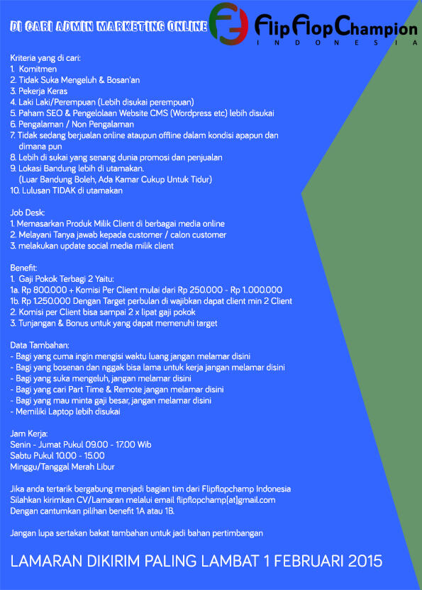 &#91;BANDUNG&#93; &#91;1 FEBRUARI 2015&#93; DI CARI ADMIN MARKETING ONLINE. URGENT!
