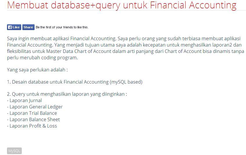 &#91;LOWONGAN FREELANCE&#93; Membuat database+query untuk Financial Accounting