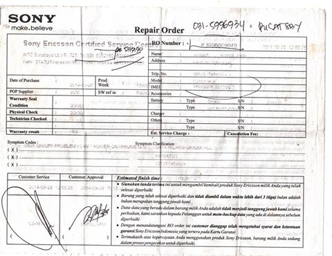 keluhan konsumen kepada service centre Sony Experia di bulan Januari 2015