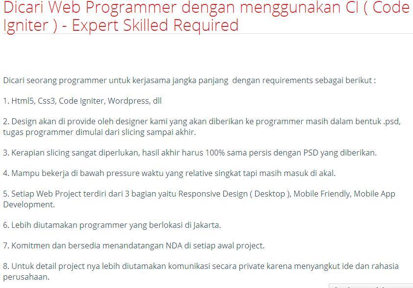 &#91;LOWONGAN FREELANCE&#93; Dicari Web Programmer dengan menggunakan CI