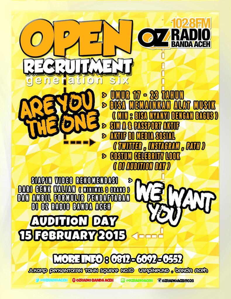 &#91;Official&#93; Open Recruitment Generation Six OZ Radio Banda Aceh 102,8 FM 