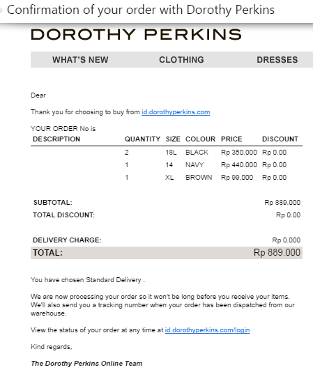 Belanja online Dorothy Perkins: order belum sampai!