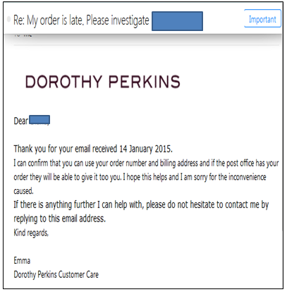 Belanja online Dorothy Perkins: order belum sampai!