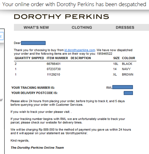 Belanja online Dorothy Perkins: order belum sampai!