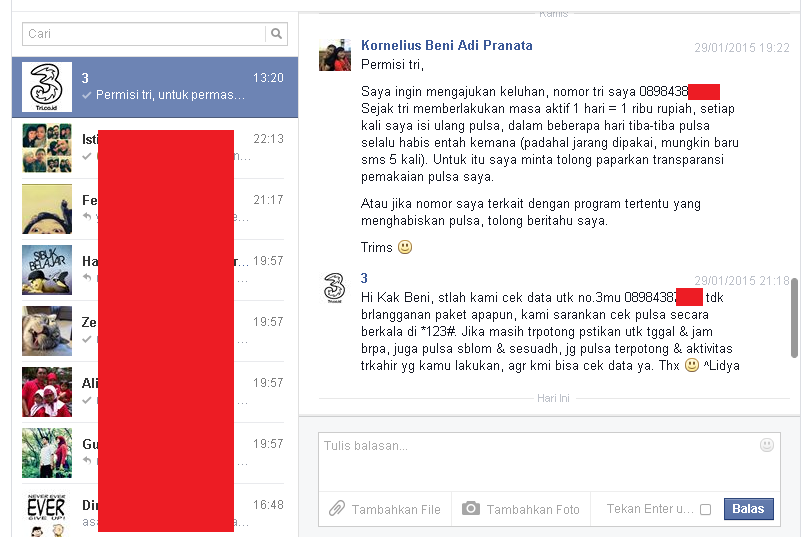 Masalah pemotongan pulsa Tri 2000 rupiah per hari