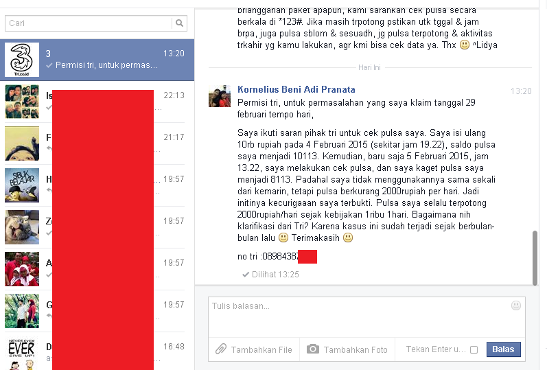 Masalah pemotongan pulsa Tri 2000 rupiah per hari