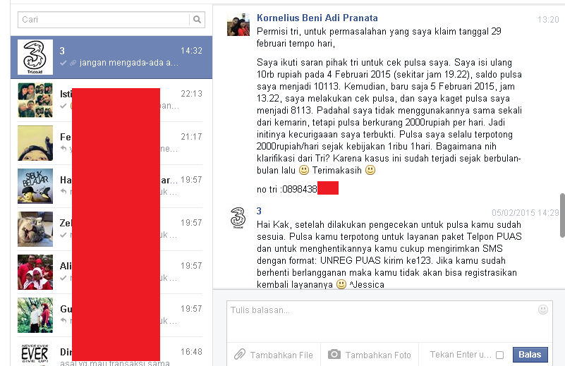 Masalah pemotongan pulsa Tri 2000 rupiah per hari