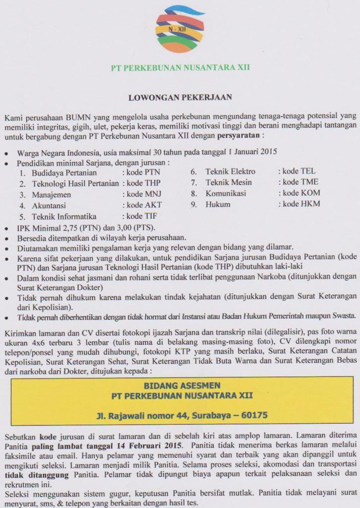 Share Informasi Tentang Lowongan Pekerjaan PTPN XII