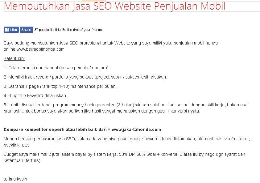 &#91;LOWONGAN FREELANCE&#93; Membutuhkan Jasa SEO Website Penjualan Mobil