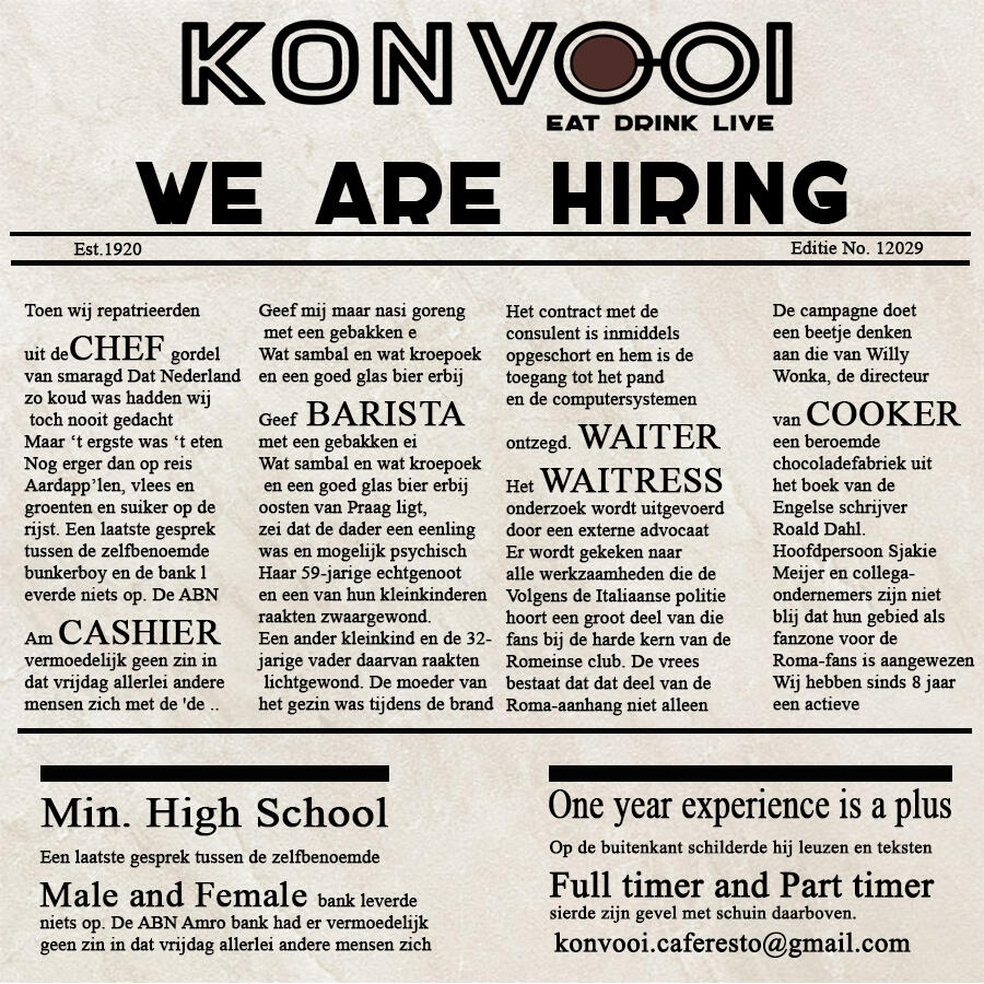 Dicari Barista, Waiter & Waitress (Pelayan), Cooker (Koki)