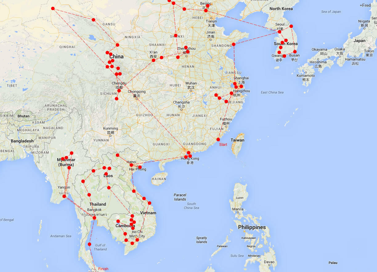 Around Asia in 205 Days (Countries: CN, KR, HK, MO, VN, KH, LA, TH, MM)