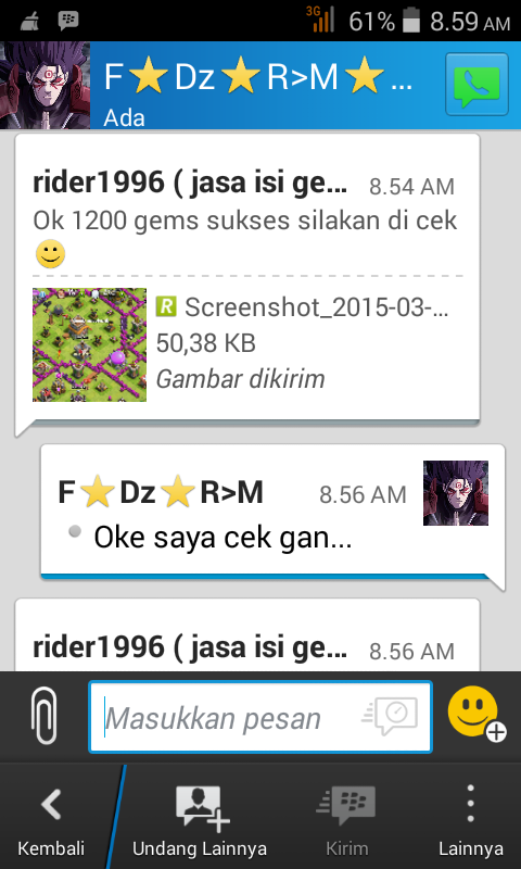 testimoni penjual id dan gems clash of clans rider1996