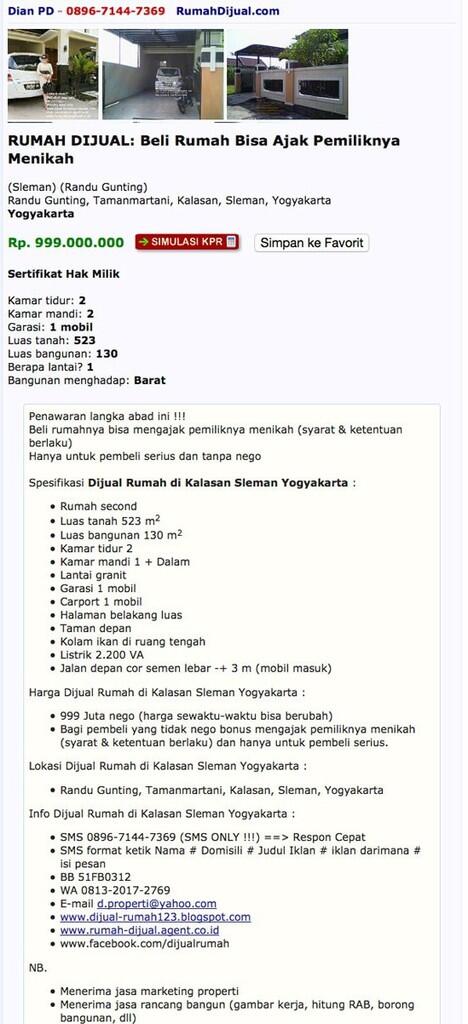 Di Yogyakarta, Beli Rumah Bisa Ajak Nikah Pemiliknya